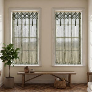 Olive green macrame doorway curtain with botanical leaf pattern