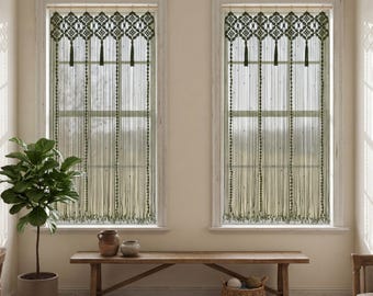 Earthy Olive Green Macrame Curtain Panels, Handcrafted Tassel Window Treatment, Boho Room, Backdrop Decor