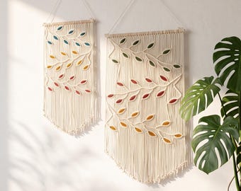 Macrame Leaf Wall Hanging, Boho Botanical Tapestry, Colorful Cotton Cord Art