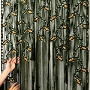 Dark Green Macrame Closet, Passage Curtain with Latte Leaf Accents, Handcrafted Fiber Art Window Drape image 2