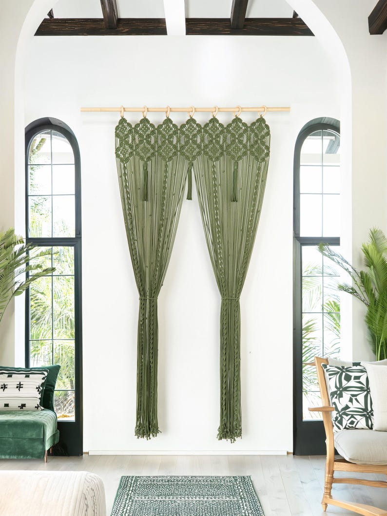 Long olive green macrame door curtain featuring an intricate geometric floral header.