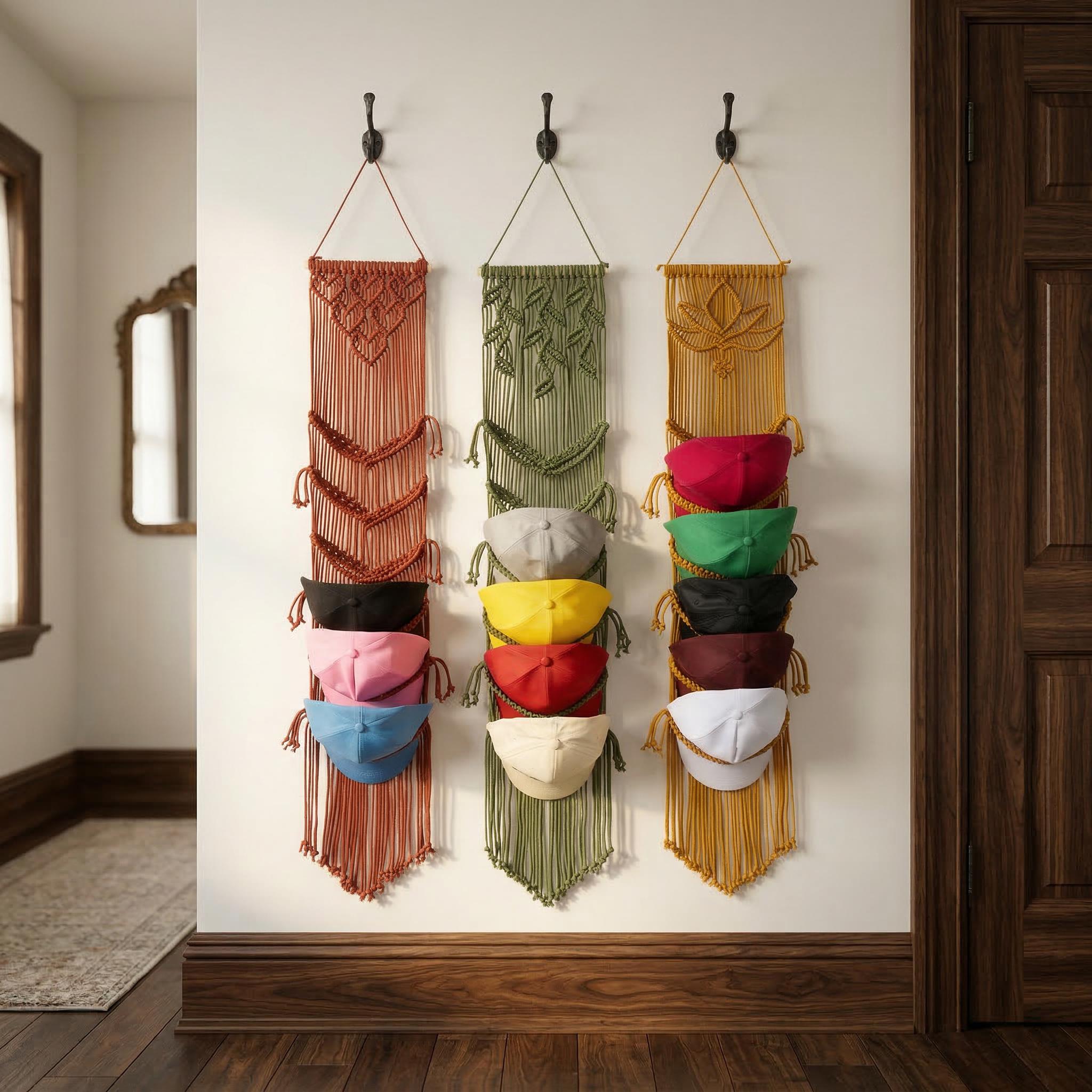 Macrame Baseball Cap Holder, Wall Hanging Rack for Hats, Boho Organizer ...