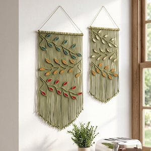 Handmade Olive Green Macrame Leaf Wall Hanging, Boho Fiber Art Tapestry