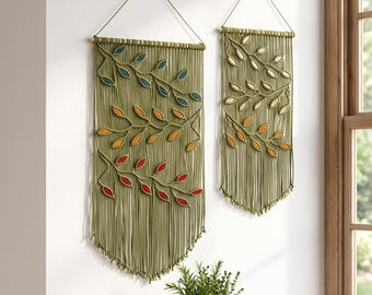 Handmade Olive Green Macrame Leaf Wall Hanging, Boho Fiber Art Tapestry