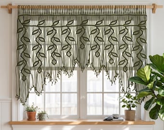 Olive Green Botanical Macrame Window Valance, Boho Greenery Leaf Tapestry, Modern Farmhouse Wall Decor