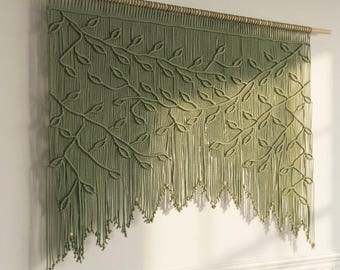 Sage Green Macrame Window Kitchen Curtain, Botanical Leaf Tapestry, Traditional Organic Fiber Art