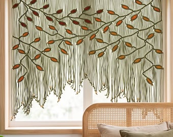Olive Green Macrame Curtain, Botanical Leaf Boho Wall Decor, Cotton Tapestry Valance