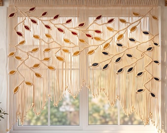 Hand-knotted Beige Macrame Curtain, Botanical Leaf Tapestry, Boho Window Valance