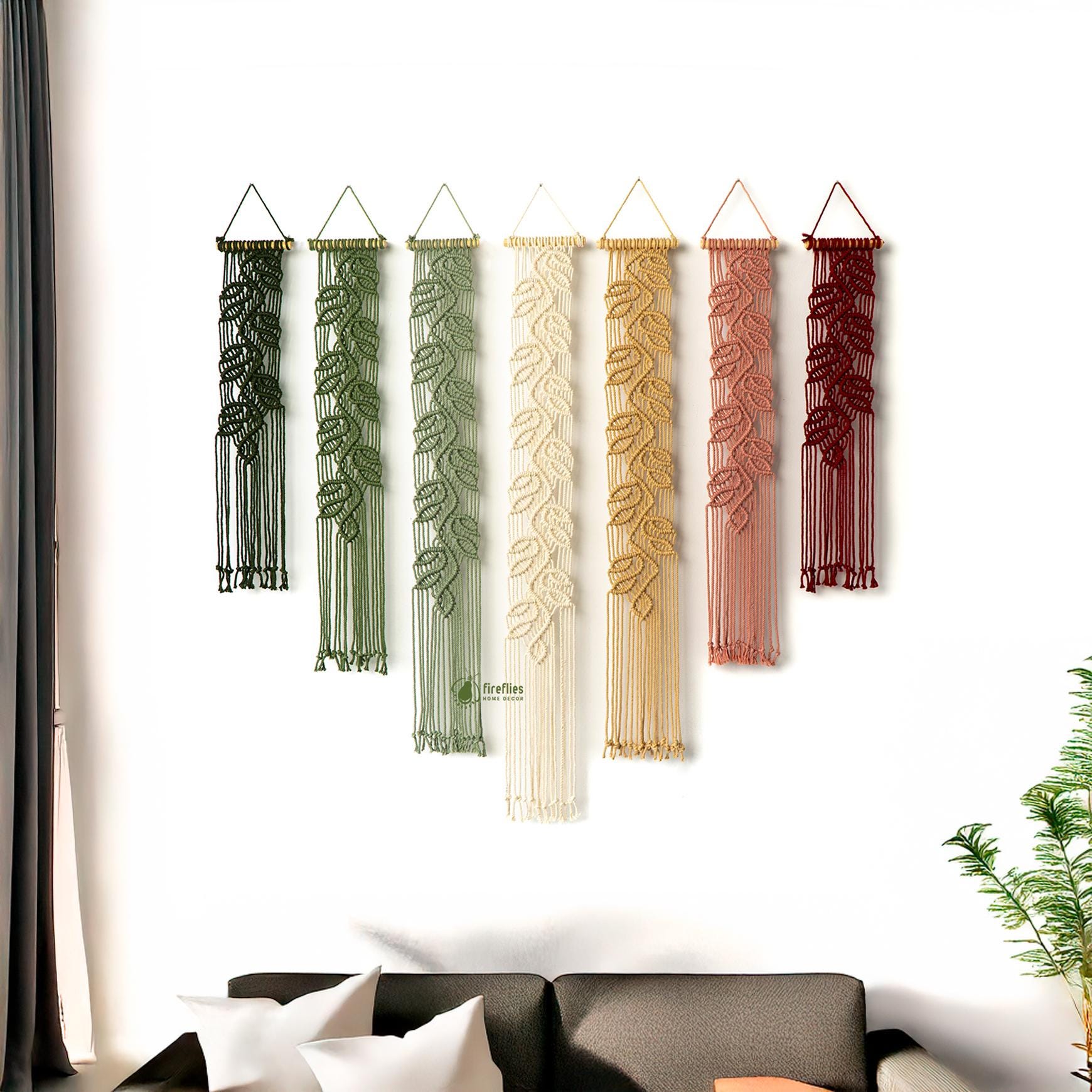 Slim Macrame Wall Hanging: Vertical Leaf Tapestry, Boho Decor