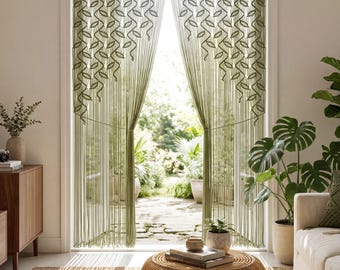 Earthy Olive Green Macrame Curtain, Woven Botanical Vine Doorway Hanging, Boho Room Divider