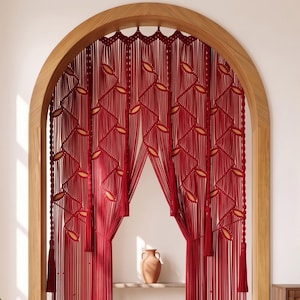 Burgundy Maroon Large Archway Curtain, Long Stair Closet Cover, Macrame Leaf Space Divider