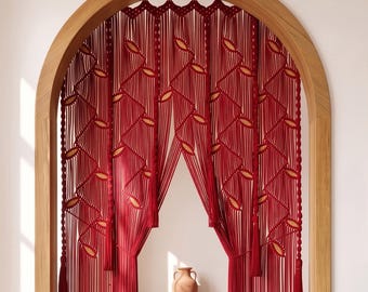 Burgundy Maroon Large Archway Curtain, Long Stair Closet Cover, Macrame Leaf Space Divider