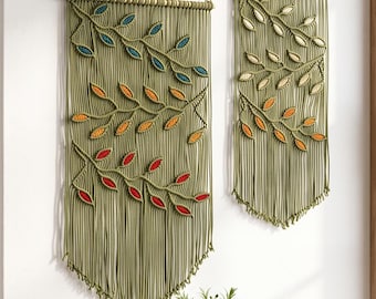 Handmade Olive Green Macrame Leaf Wall Hanging, Boho Fiber Art Tapestry