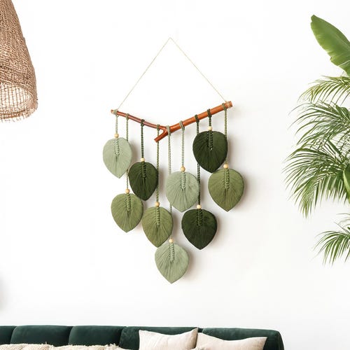 Groene macramé vallende bladeren muurhanger: boho-bosdecor