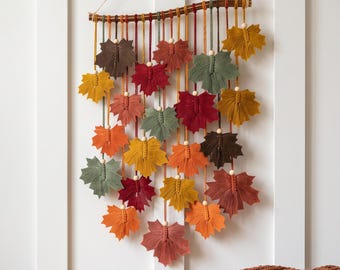 Macrame Maple Leaf Wall Hanging, Cozy Autumn Fiber Art for Holiday Decor
