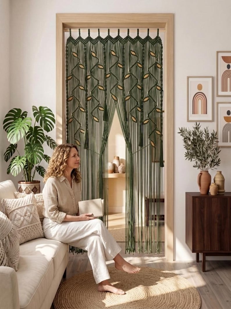Forest green cotton cord macrame curtain with floor-length fringe and tassel accents hanging on a white wall