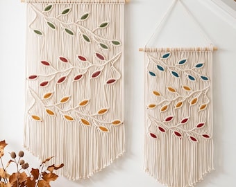 Vertical Flag Macrame Leaf Wall Hanging, Trio Boho Wall Tapesties, Interior Narrow Stairway Decoration