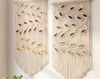 Tapiz de pared de macramé con forma de hoja, hecho a mano, de fibra de algodón tricolor.