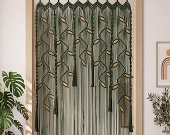 Dark Green Macrame Doorway Curtain with Latte Leaf Accents, Handcrafted Fiber Art Drape