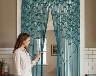 Aqua Blue Macrame Leaf Curtain, Botanical Tapestry, Bohemian Doorway Decor