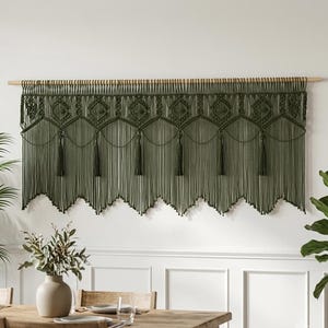 Dark Green Boho Macrame Window Curtain, Top Scandi Valance Treatments, Reading Corner Decoration
