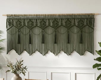 Dark Green Boho Macrame Window Curtain, Top Scandi Valance Treatments, Reading Corner Decoration