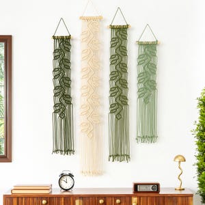 Green Macrame Wall Hanging Set, Hand-Knotted Leaf Vine Fiber Art, Botanical Sage, Olive Ivory Cream Wall Banners