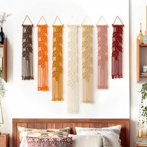 Narrow Earth Pink Macrame Wall Hanging, Blush pink Terracotta Leaf Vine Tapestry for Bedroom, Nursery