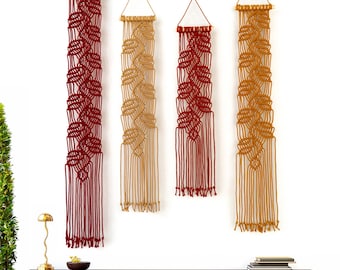 Red Mustard Macrame Wall Hanging Collection, Botanical Fiber Art Pillars, Boho Decor