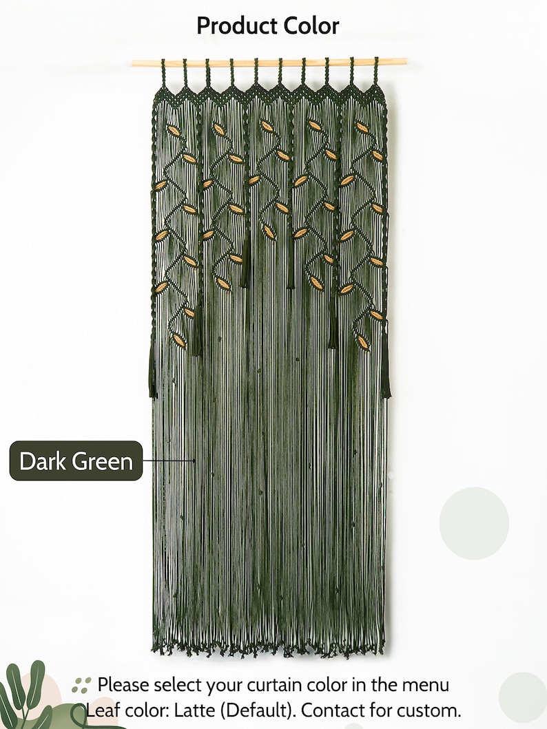 Detail of premium cotton cord knots forming a nature-inspired dark green leaf design.