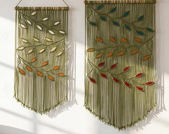 Macrame Colorful Leaves Wall Hanging, Botanical Fiber Cotton Art, Modern Farmhouse Housewarming Gift