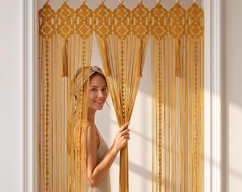 Boho Mustard Yellow Macrame Door Curtain, Hand-Knotted Cotton Fiber Art Room Divider