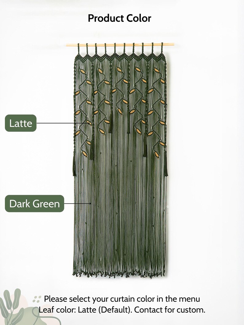 Bohemian dark green macrame door curtain with sweeping floor-length fringe suspended on a slim wooden dowel