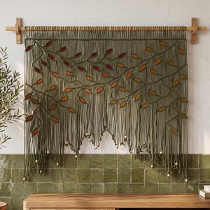 Macrame Leaf Window Curtain, Boho Wall Hanging Valance, Kitchen Topper Frame Covers