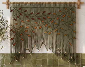 Macrame Leaf Window Curtain, Boho Wall Hanging Valance, Kitchen Topper Frame Covers