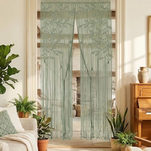 Sage Green Macrame Curtain, Hand-Knotted Leaf Pattern Room Divider