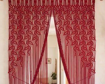 Maroon Red Macrame Door Curtain, Botanical Leaf Boho Doorway Tapestry & Room Divider
