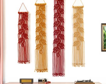 Burgundy Maroon Narrow Wall Hangings, Autumn Ember Macrame Pillar Set, Handcrafted Botanical Leaf Tapestry