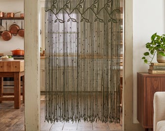 Large Botanical Dark Green Macrame Curtain, Hand-Knotted Vine Header Doorway Divider Boho Event Backdrop