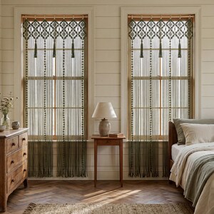 Olive green bohemian leaf pattern macrame panel in sunny doorway
