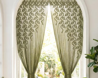 Olive Green Botanical Leaf Macrame Curtain, Boho Doorway Hanging, Room Divider Drape