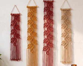 Burgundy Maroon Narrow Wall Hangings, Autumn Ember Macrame Pillar Set, Handcrafted Botanical Leaf Tapestry