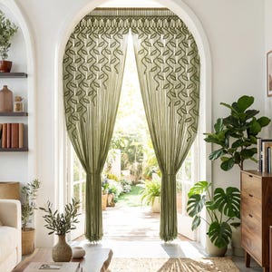 Olive Green Botanical Leaf Macrame Curtain, Boho Doorway Hanging, Room Divider Drape