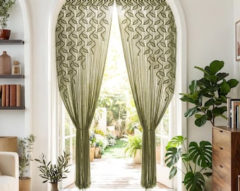Olive Green Botanical Leaf Macrame Curtain, Boho Doorway Hanging, Room Divider Drape