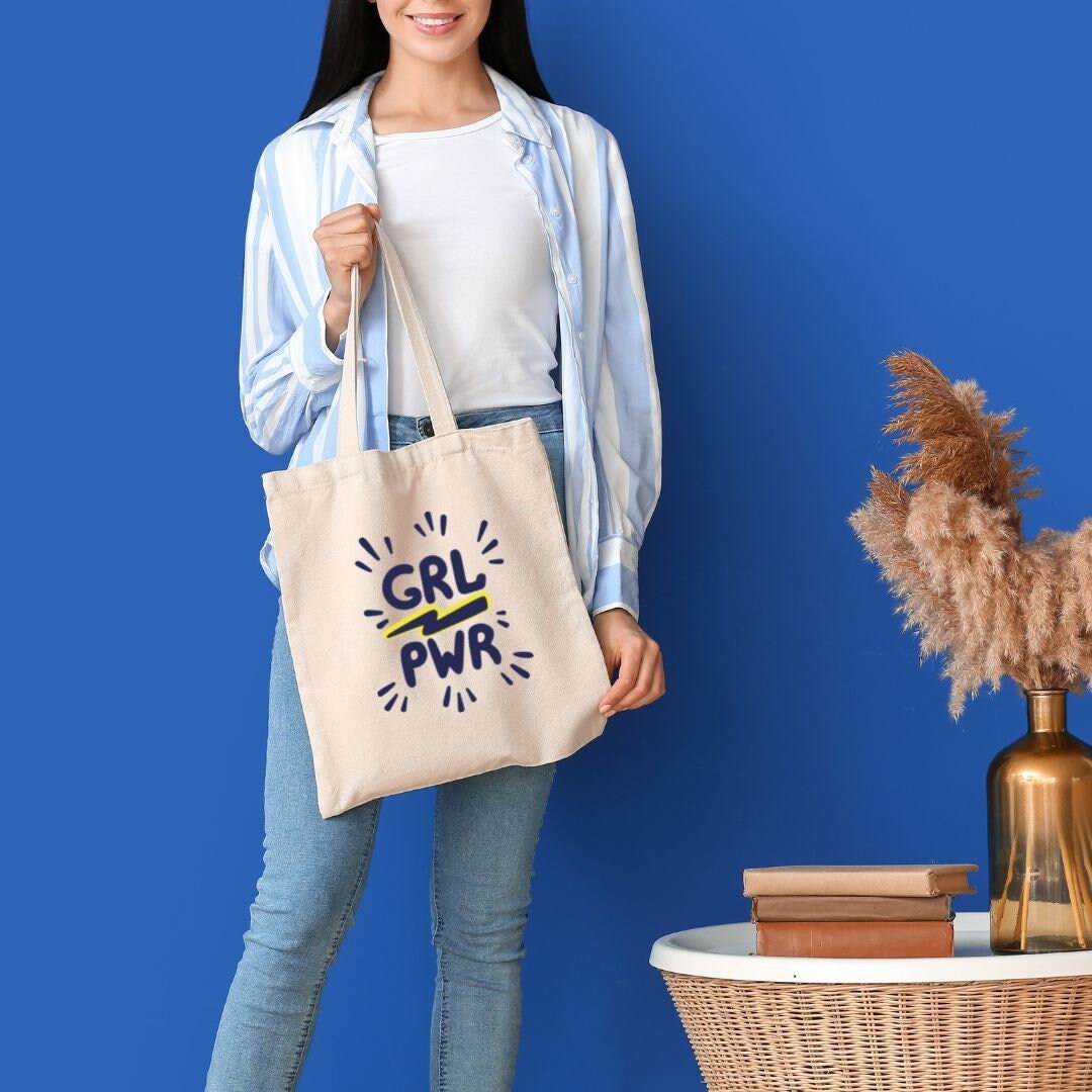 Girl Power Organic Cotton Beige Tote Bag, GRL PWR Tote Bag, Teen Girl