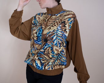 1980s Vintage Bomber Jacket - Safari Brown and Blue Cheetah Print Jacket by S.G. Sport Collection - L/XL
