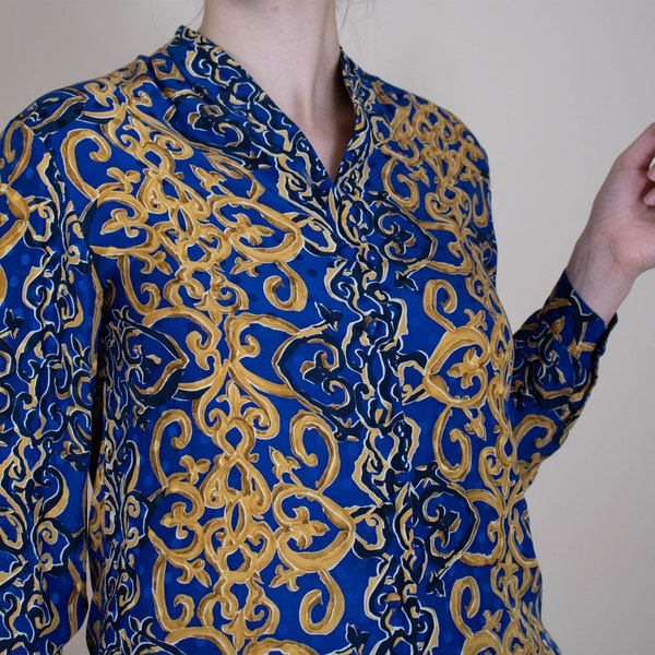 1980s Vintage Silk Blouse (M) - Abstract Gold and Blue Button Up by Jacqueline Ferrar - 38" B