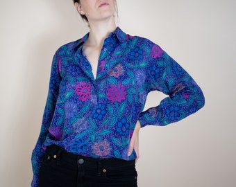 90s Vintage Floral Blouse (L) - Psychedelic Floral Long Sleeve Top by Alfred Dunner - 42" B