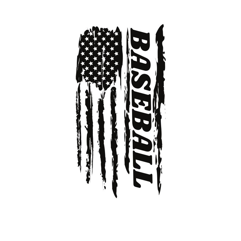May include: Black and white distressed graphic of an American flag with the word "BASEBALL" written vertically on the right side.