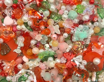 Strawberry bead soup - read the description before purchasing / red beads / green beads / strawberry themed bead mix / multi color beads